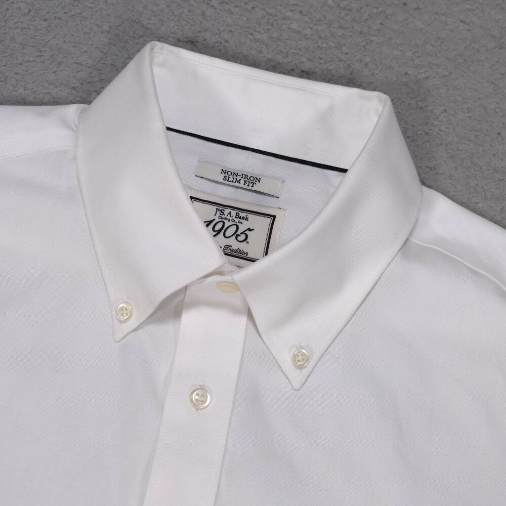 Jos A Bank Dress Shirt Mens 16.5-35 Slim White Solid Button Down Long Sleeve